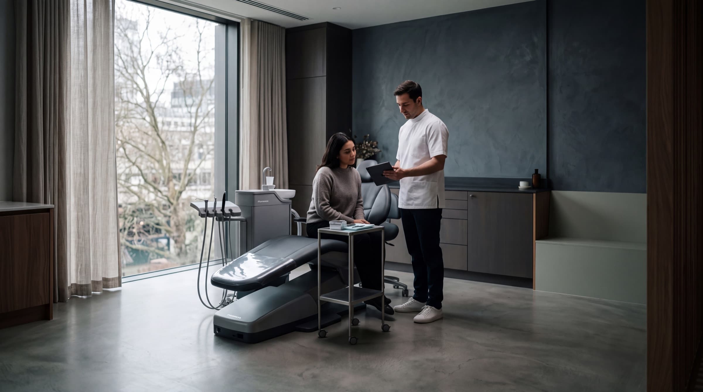 Dentist reviewing a treatment plan with a patient in a modern consultation room
